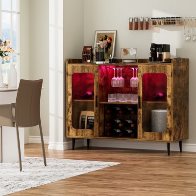 Aheaplus Sideboard Buffet with Charge Station and LED Light, Farmhouse Bar Cabinet with Wine Holder