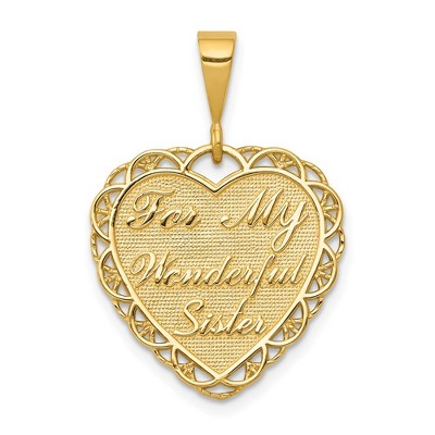 Black Bow Jewelry 14k Yellow Gold For My Wonderful Sister Heart Pendant, 20mm
