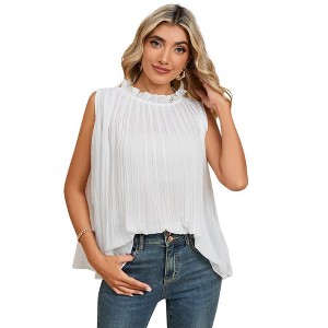 YESFASHION Womens Tank Tops Ruffle High Neck Pleated Summer Blouses Chiifon Sleeveless Shirt - 1 of 4