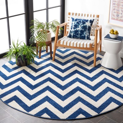 Navy & Beige Hand-Knotted Stripe Synthetic 7' Round Rug