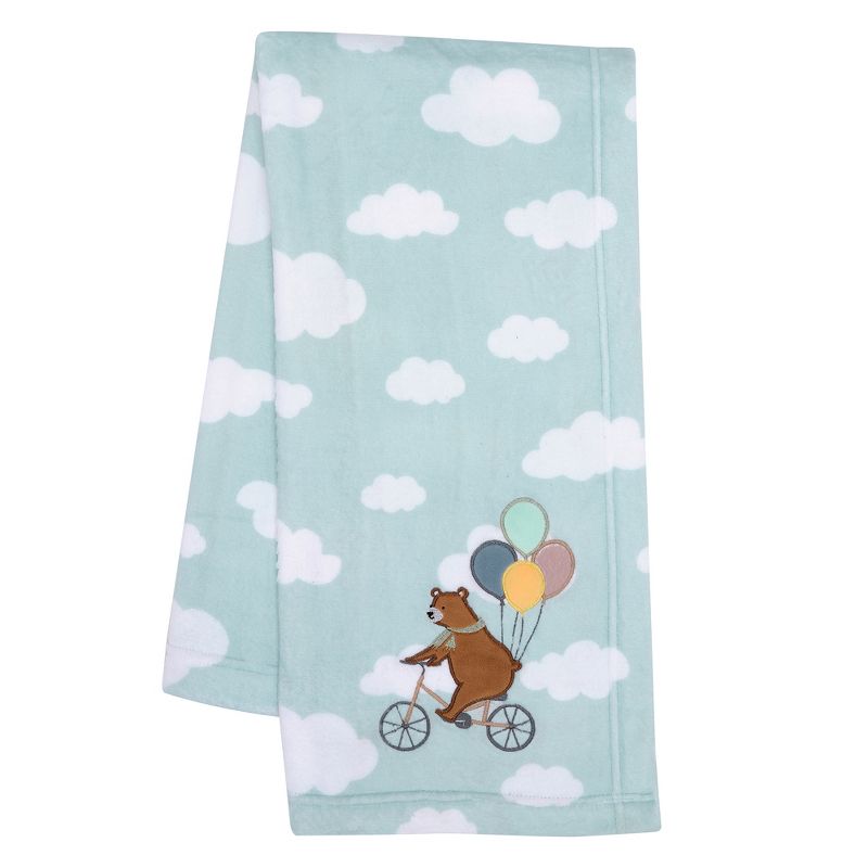 Bedtime Originals Up Up & Away Bear/Balloon/Cloud Soft Blue Fleece Baby Blanket, 1 of 8