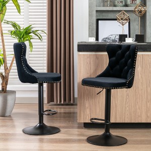 Velvet Bar Stools Set of 2 with Adjustable 25-33" Height, Tufted Back, Hand-Hammered Rivets, and 17.7" Base for Home, Pub, or Kitchen Island - 1 of 4