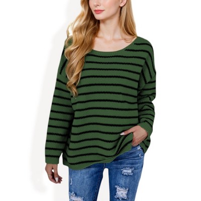 Anna-Kaci Women's Striped Boatneck Sweater with Relaxed Fit and Long Sleeves