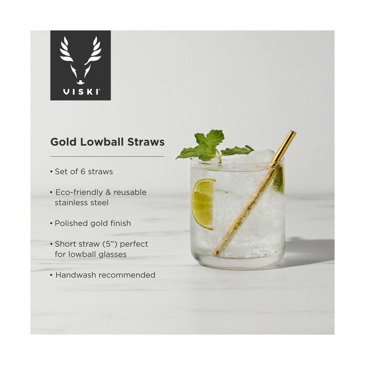 Viski Set of 6 Gold Stainless Steel Straws, 5” Reusable Short Metal Straws for Lowball Glasses, Anniversary, Home Bar Tools, Gifts for Cocktail Lovers - thumbnail 2