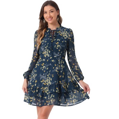 INSPIRE CHIC Women's Summer Floral Layered Tie V-Neck Semi-Sheer Long Sleeve Mini Dress