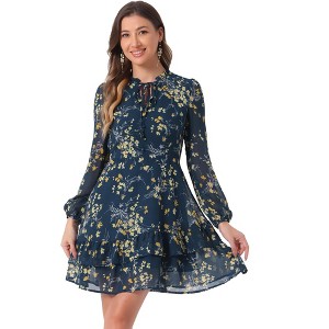 INSPIRE CHIC Women's Summer Floral Layered Tie V-Neck Semi-Sheer Long Sleeve Mini Dress - 1 of 4