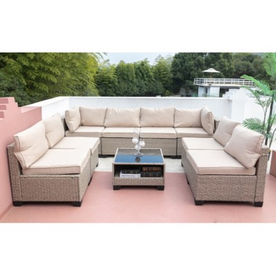 9-Piece Modular Wicker Patio Sofa Set with Coffee Table and Cushions, Outdoor Conversation Furniture for Backyard or Garden – The Pop Home