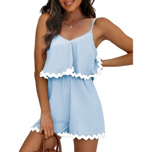 EXLURA Women's Summer Romper 2025 Spaghetti Strappy Ruffle Jumpsuit Halter Neck Pleated Outfits with Pockets - 1 of 4