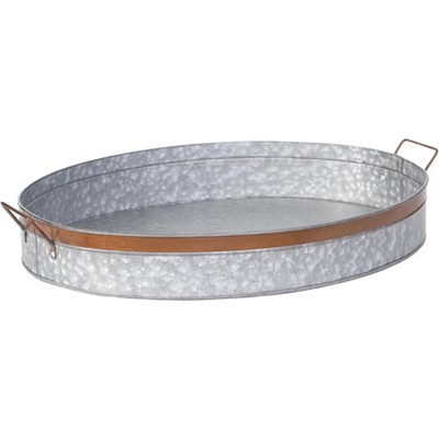 Large Gray Galvanized Metal Oval Rustic Serving Tray with Handles