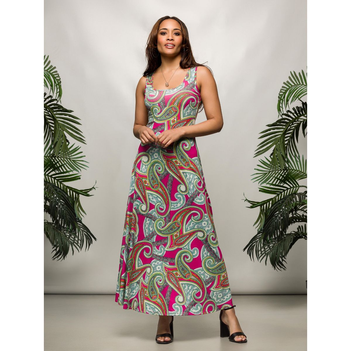 24seven Comfort Apparel Womens Hot Pink Paisley Print Scoop Neck A Line Sleeveless Maxi Dress - thumbnail 6
