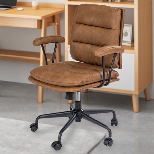 SUGOLD Brown Leather Office Chair with Wheels,Comfy Desk Chair with Arms, Wide Seat, Lumbar Support - 1 of 4