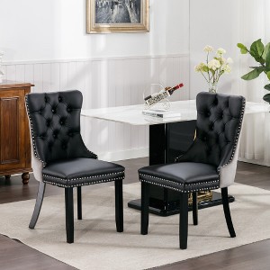 Akoasm 2-Piece Set Modern Velvet Upholstered Dining Chairs with Wood Legs and Tacker Nail Accents-Black - 1 of 4
