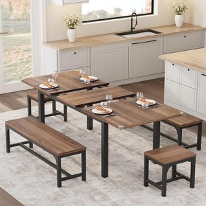 63" Large Extendable Wooden Dining Table Set for 6-8 with Benches and Stools, Ideal for Small Space-Walnut - 1 of 4