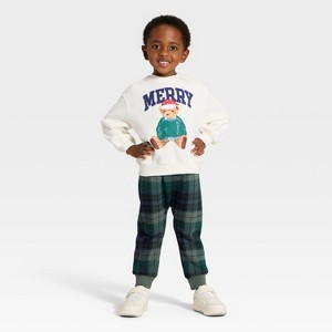 Toddler Boys' 2pc Teddy Bear "Merry" Fleece Sweatshirt & Plaid Pants Set - Cream/Green - 1 of 4