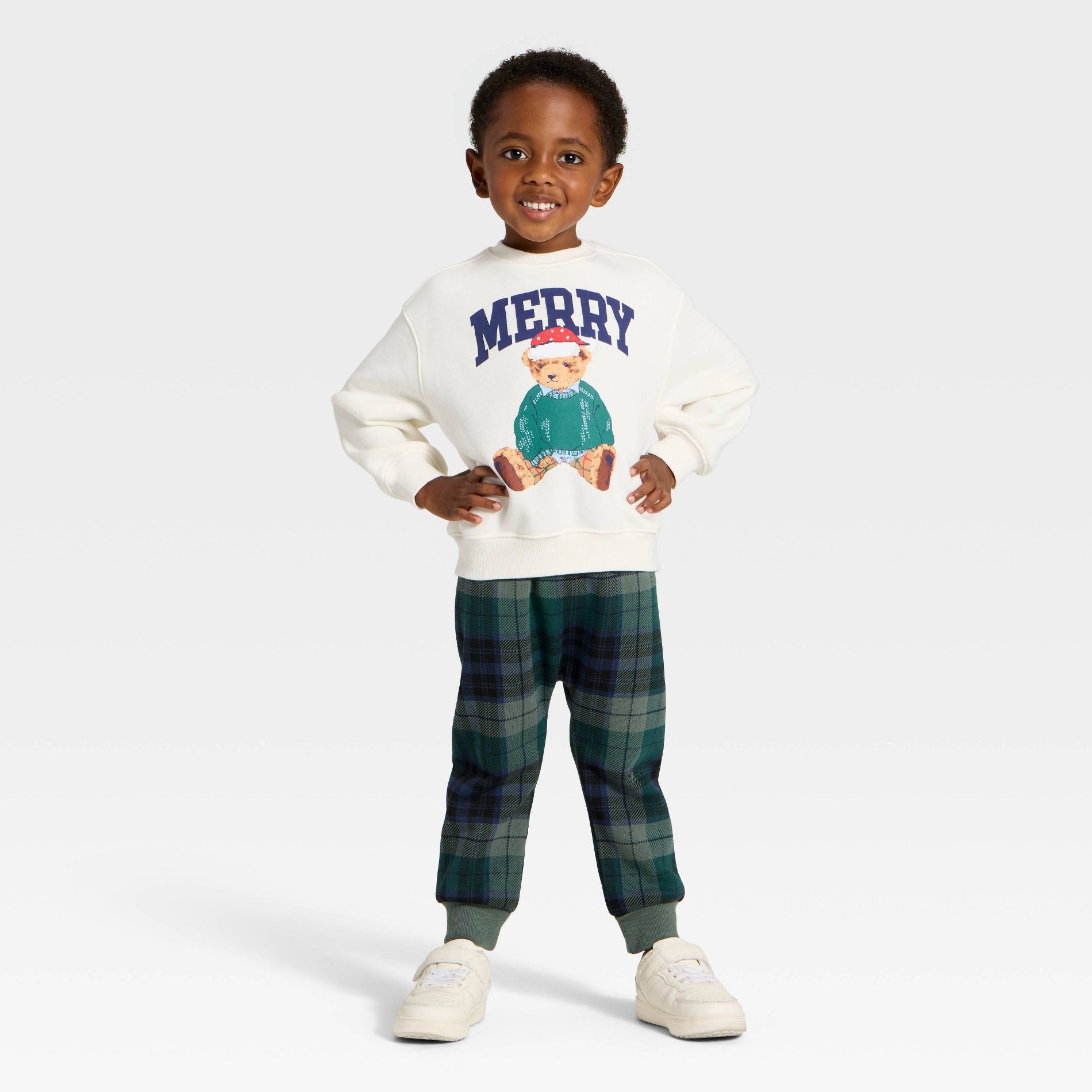 Toddler Boys' 2pc Teddy Bear "Merry" Fleece Sweatshirt & Plaid Pants Set - Cream/Green