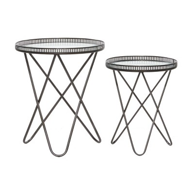 Set of 2 Gray Metal and Glass Industrial Accent Tables