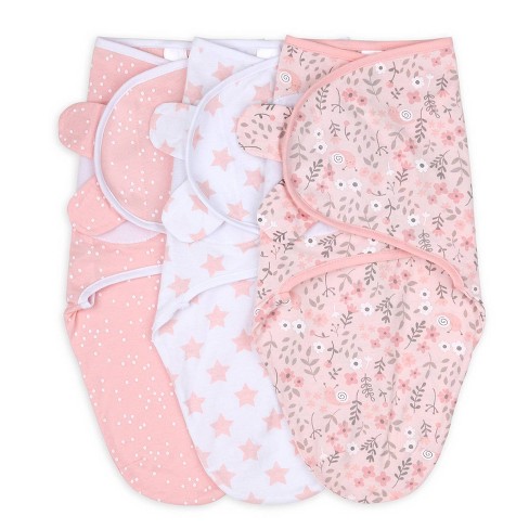 The Peanutshell Swaddle Wrap Pink Floral Stars M L 3pk