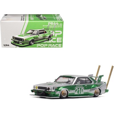 Skyline C210 Kaido Racer "Bosozoku Style" RHD (Right Hand Drive) #210 Green and Silver 1/64 Diecast Model Car by Pop Race
