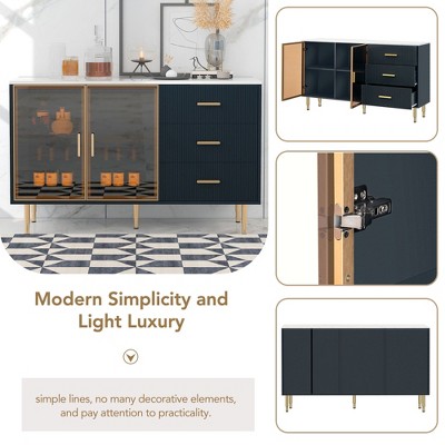 CENGHU Modern Buffet Cabinet, Storage Cabinet with Marble Sticker Tabletop and Amber-yellow Tempered Glass Doors, for Dining Room, Entryway