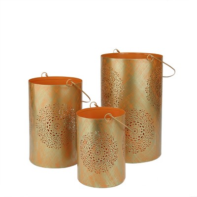 Northlight Set of 3 Orange and Gold Decorative Floral Cut-Out Pillar Candle Lanterns 10"