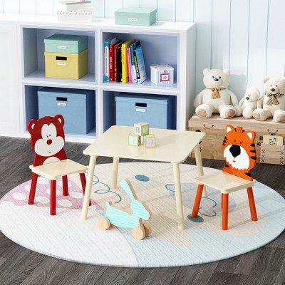 Lirago Kids Wood Table and 2 Chairs Set Children Activity Table Toddler Furniture Set Cartoon Animals Design for 3-8 Years Old Natural