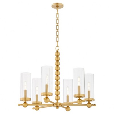 Aged Brass Beaded 6-Light Chandelier with Clear Glass Shades