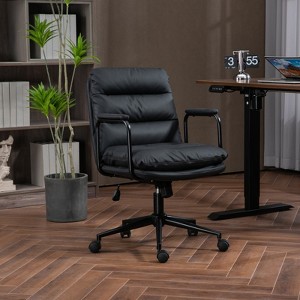 HDZNVF Office Chair, Mid Back Home Office Desk Task Chair with Wheels and Arms Ergonomic PU Leather (Black) - 1 of 4