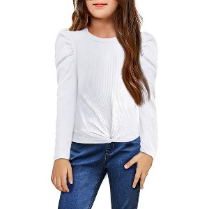 Arshiner Girls Puff Long Sleeve Shirts Twist Front Ribbed Knit T Shirt Crop Tops Tee Blouse White 10-11 Y - 1 of 4
