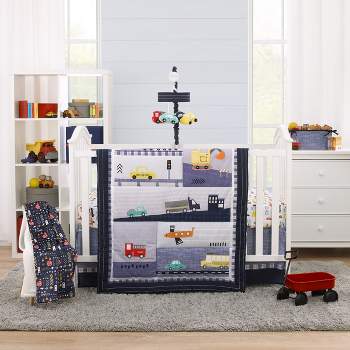 NoJo Transportation Trails Navy, Red, and Yellow Busy Cars, Trucks, Fire Engines 4 Piece Nursery Crib Bedding Set