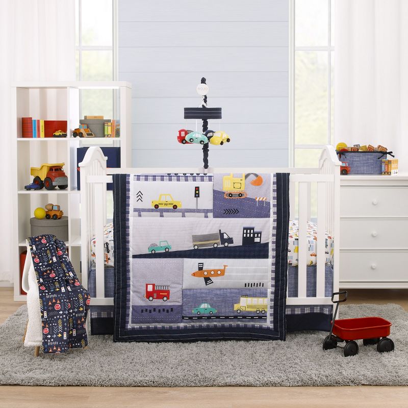 NoJo Transportation Trails Navy, Red, and Yellow Busy Cars, Trucks, Fire Engines 4 Piece Nursery Crib Bedding Set, 1 of 10