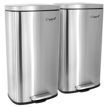 Elama 2 piece 8 Gallon Each 30 Liter Rectangular Stainless Steel Twin Step Trash Bins with Slow Close Mechanism in Matte Silver
