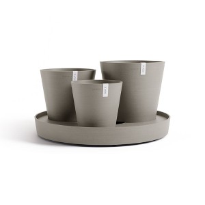 Ecopots Dubai Self Watering Durable Modern Round Indoor/Outdoor Recycled-Based Composite Flower Pot Planters w/Wheels and Saucer, Taupe, 22" - 1 of 4