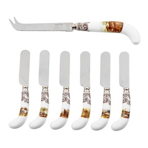 Spode Woodland Cheese Knife & Spreader Set - Porcelain Handles with Rabbit & Animal Motifs, Steel Blades, 8" Knife & 4.75" Spreaders - 1 of 4
