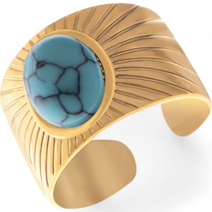 Anna-Kaci Women's Wide Statement Ring Gold Tone with Round Stone Marble-Like Stone and Textured Details - 1 of 4