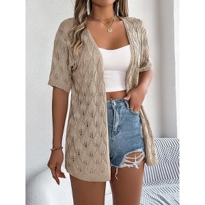 Women 2025 Lightweight Crochet Cardigan Short Sleeve Open Front Knit Sweater Summer Hollow Out Crochet Cover Up - 1 of 4