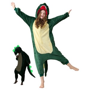 Tailwaggz Glow-in-the-Dark Dinosaur Onesie Pajama for Adults - Plush Unisex Halloween & Cosplay Costume - 1 of 4