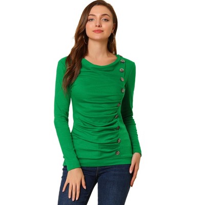 Allegra K Women's Cowl Neck Long Sleeves Buttons Decor Solid Ruched Top
