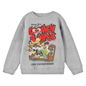 Looney Tunes Vintage Super TV Saturday Morning Crew Neck Long Sleeve Athletic Heather Boy's Sweatshirt - 1 of 2