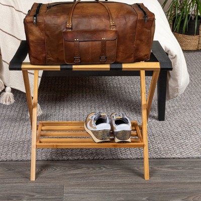 Bamboo and Black Strap Luggage Rack with Lower Shelf