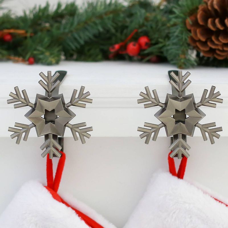 Original MantleClip 2ct Snowflake Pewter Christmas Stocking Holder, 3 of 4
