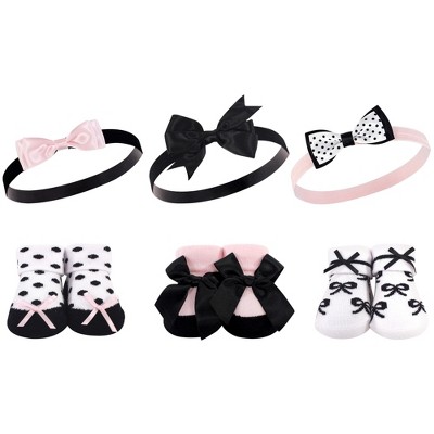 Hudson Baby Infant Girl Headband and Socks Giftset 6pc, Black Pink Bows, One Size