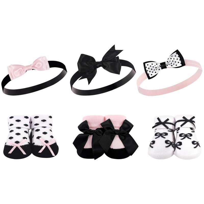 Hudson Baby Infant Girl Headband and Socks Giftset 6pc, Black Pink Bows, One Size, 1 of 4