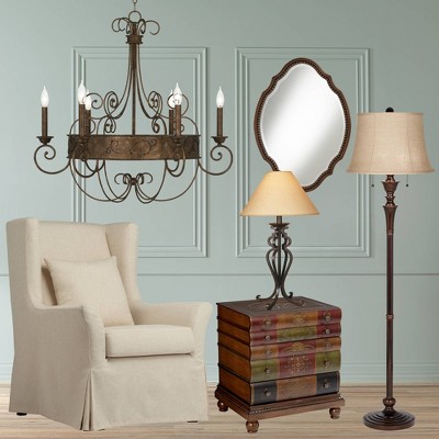 Rustic Bronze Scrollwork Chandelier with Candle Sleeves, 30" Wide