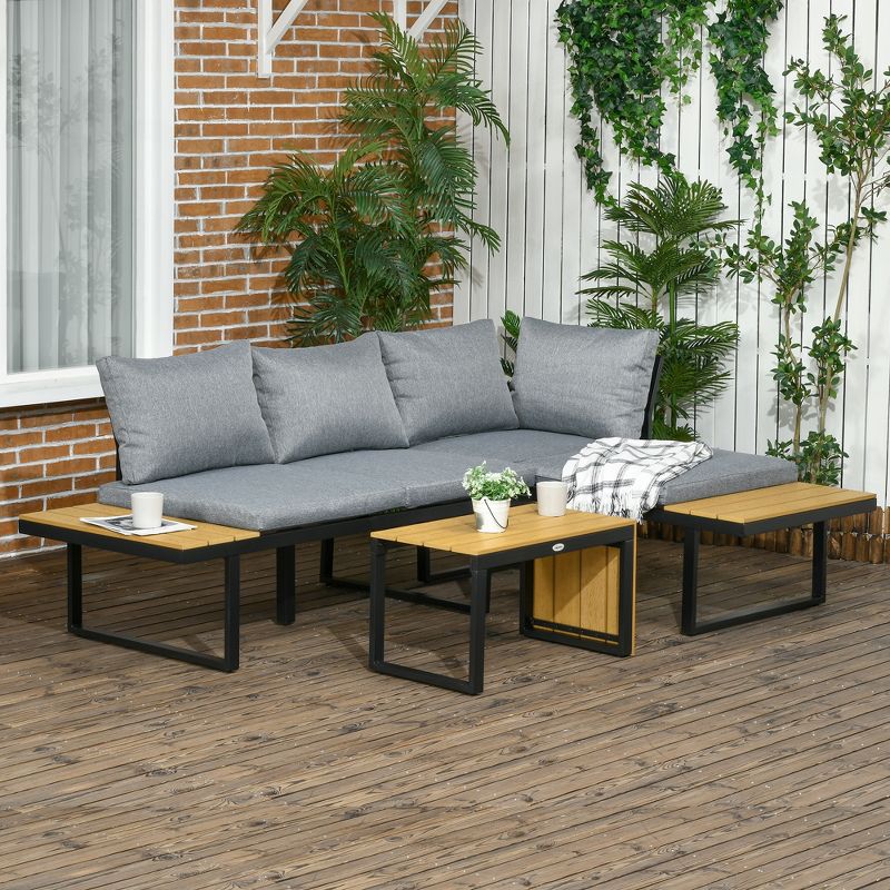 Outsunny 3 Piece Patio Furniture Set, Outdoor Sofa Set with Chaise Lounge & Loveseat, Soft Cushions, Woodgrain Plastic Table, L-Shaped Sectional, Gray, 4 of 8