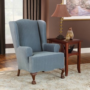 Stretch Poly Striped Chair Slipcover French Blue - Sure Fit: Elastic-Fit Bottom, Polyester & Spandex Blend - 1 of 3
