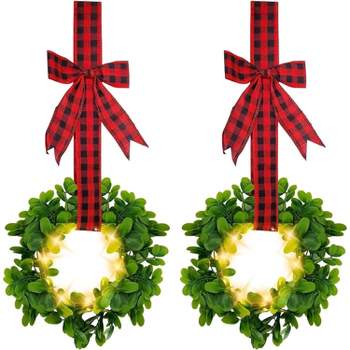 KOVOT Set of 2 Hanging Wreaths with Lights, Black & Red Plaid Ribbon Bow. Christmas Decoration for Cabinets, Chairs, Doors, Railings & Windows