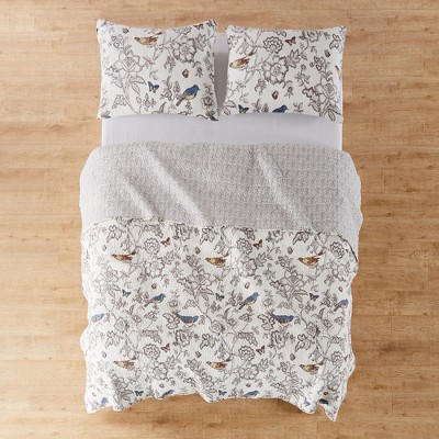 Gray Cotton Twin Quilt Set with Colorful Birds and Butterflies