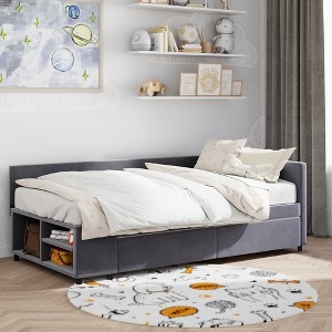 GDFStudio Barton Twin Size L-Shaped Upholstered Platform Bed with Storage Drawers and Side Cabinet - 1 of 4