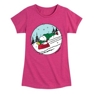 Girls' - Peanuts - Snoopy Woodstock Sled Fitted Short Sleeve Graphic T-Shirt - 1 of 4