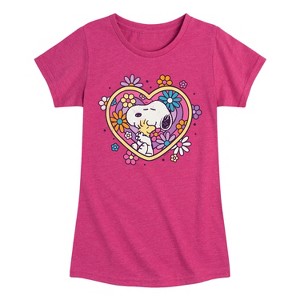 Girls' - Peanuts - Hug Heart Flower Fitted Short Sleeve Graphic T-Shirt - 1 of 4